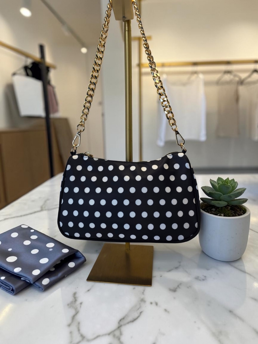 Black Polka Dot Shoulder Bag with Gold Chain NWT
